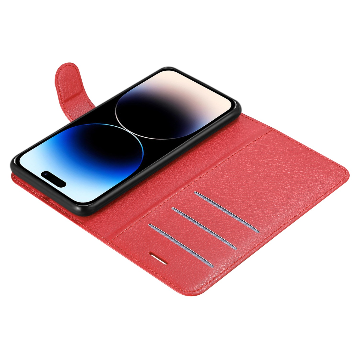 Eine rote Leder-Handyhülle, geöffnet, um ein Telefon im Inneren zu zeigen. Das Etui hat Schlitze für Karten.