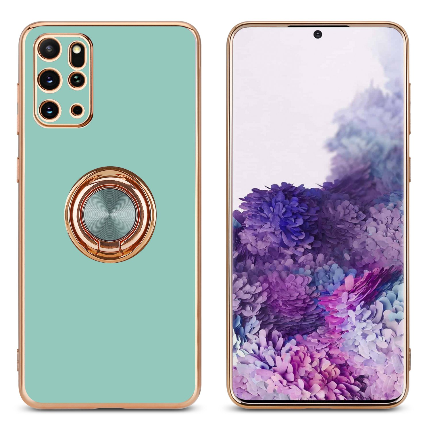 Eine grüne Handyhülle mit goldenem Ring und einem Telefon darin. Das Telefon befindet sich auf hellblauem Hintergrund.