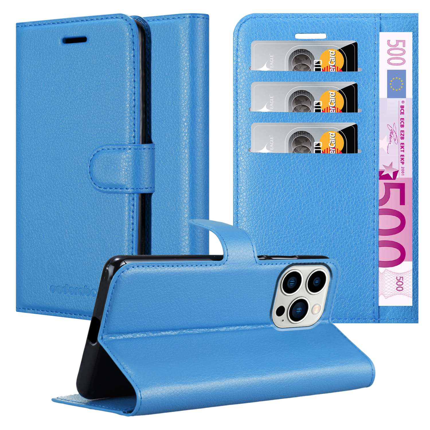 Blaue Handyhülle, geöffnet, mit Kartenfächern, Geld und einem Telefon darin.