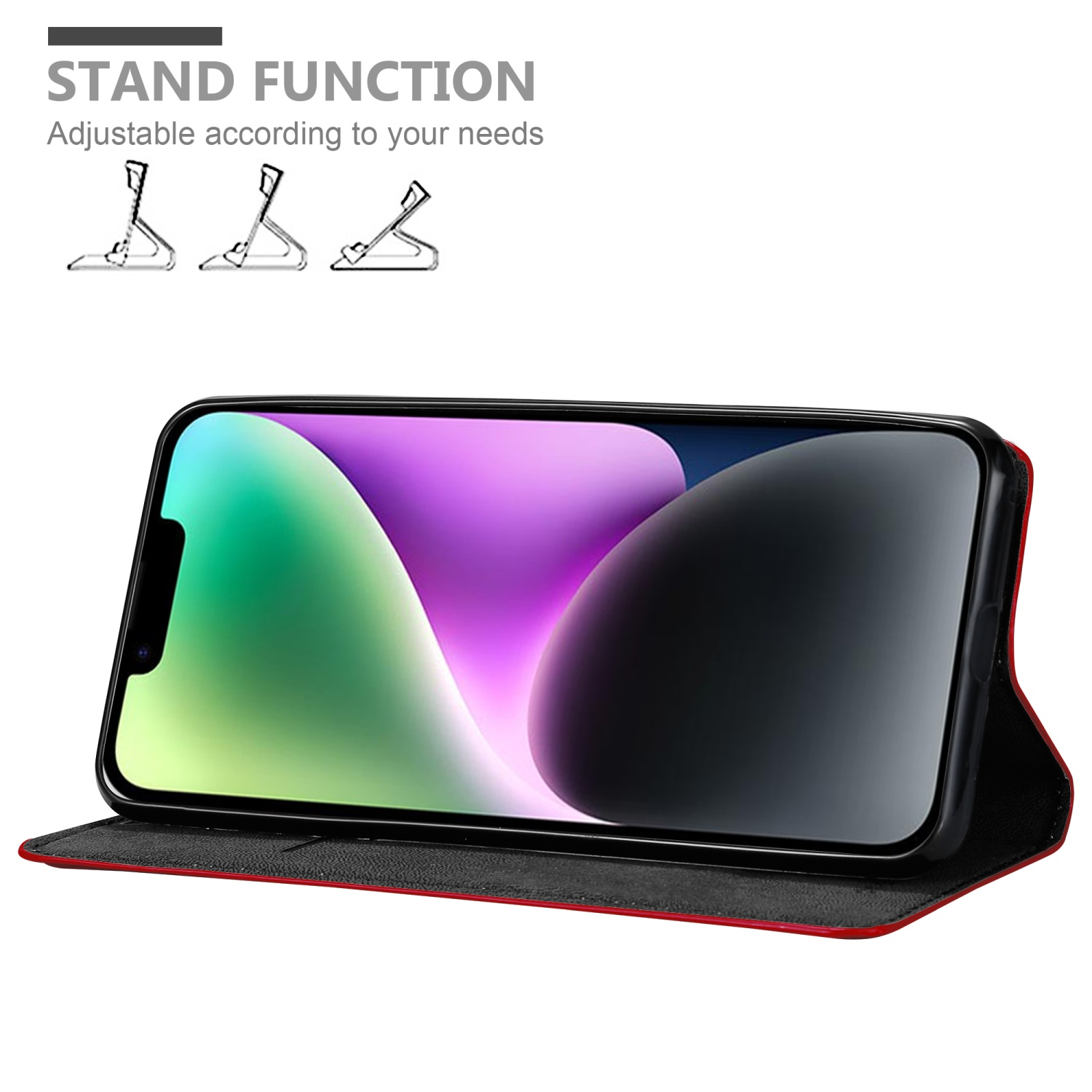 Eine Handyhülle mit Ständerfunktion. Das Telefon befindet sich in der Hülle und der Ständer ist geöffnet.