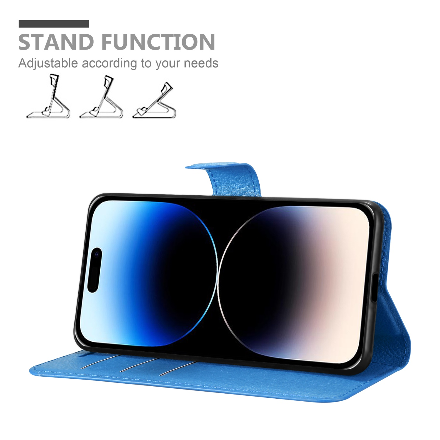 Blaue Handyhülle mit Telefon und Ständerfunktion.