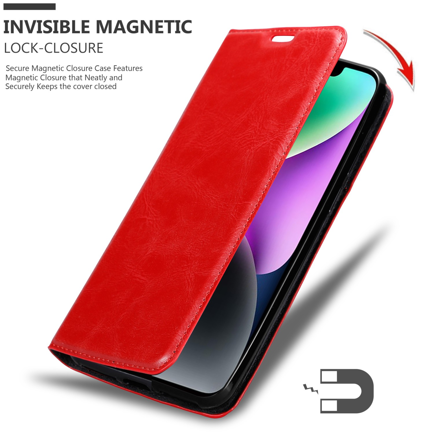 Eine rote Handyhülle mit einem Telefon darin. Die Hülle hat einen Magnetverschluss.