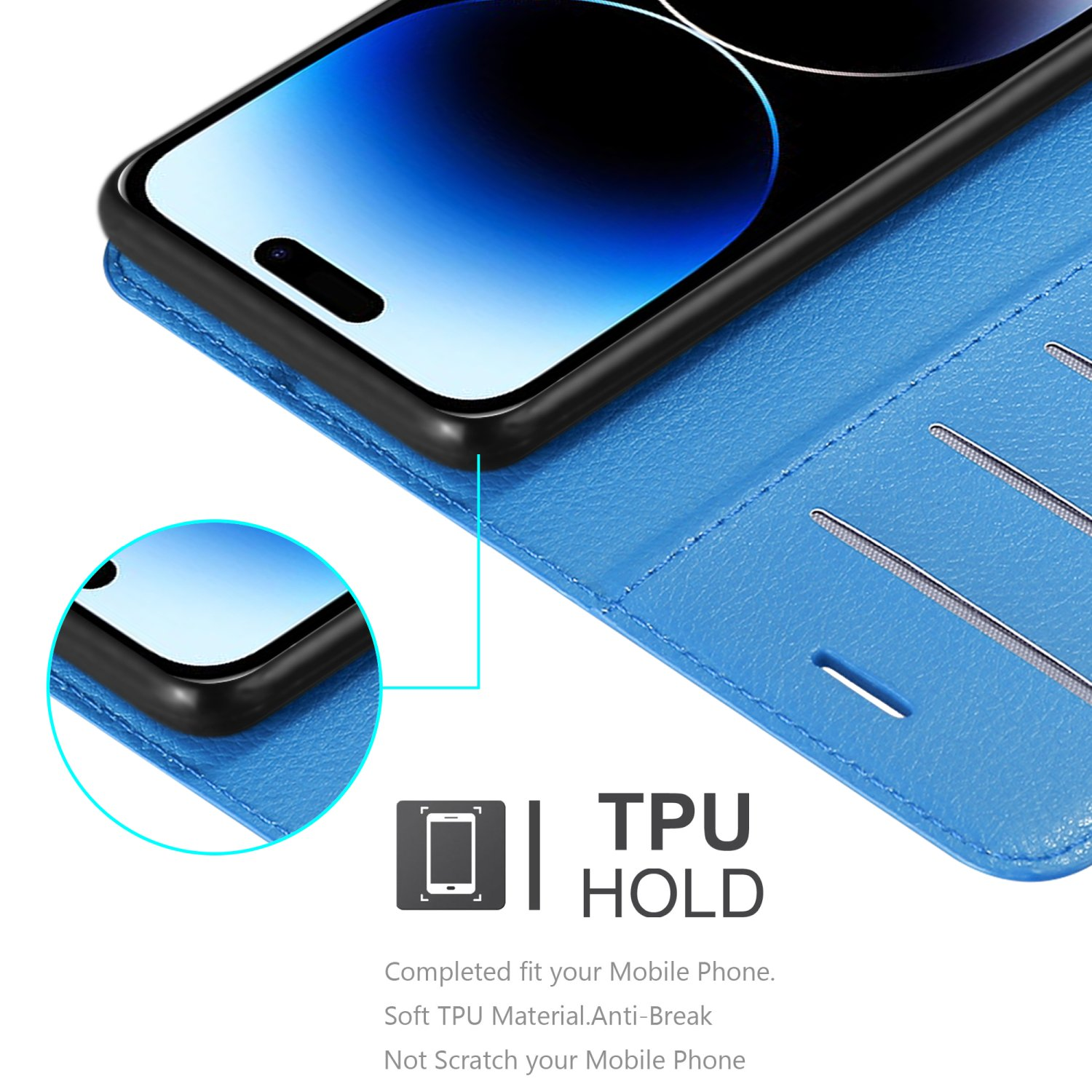 Blaue Handyhülle mit Telefon. Die Hülle hat ein Brieftaschen-Design und Text: TPU HOLD.