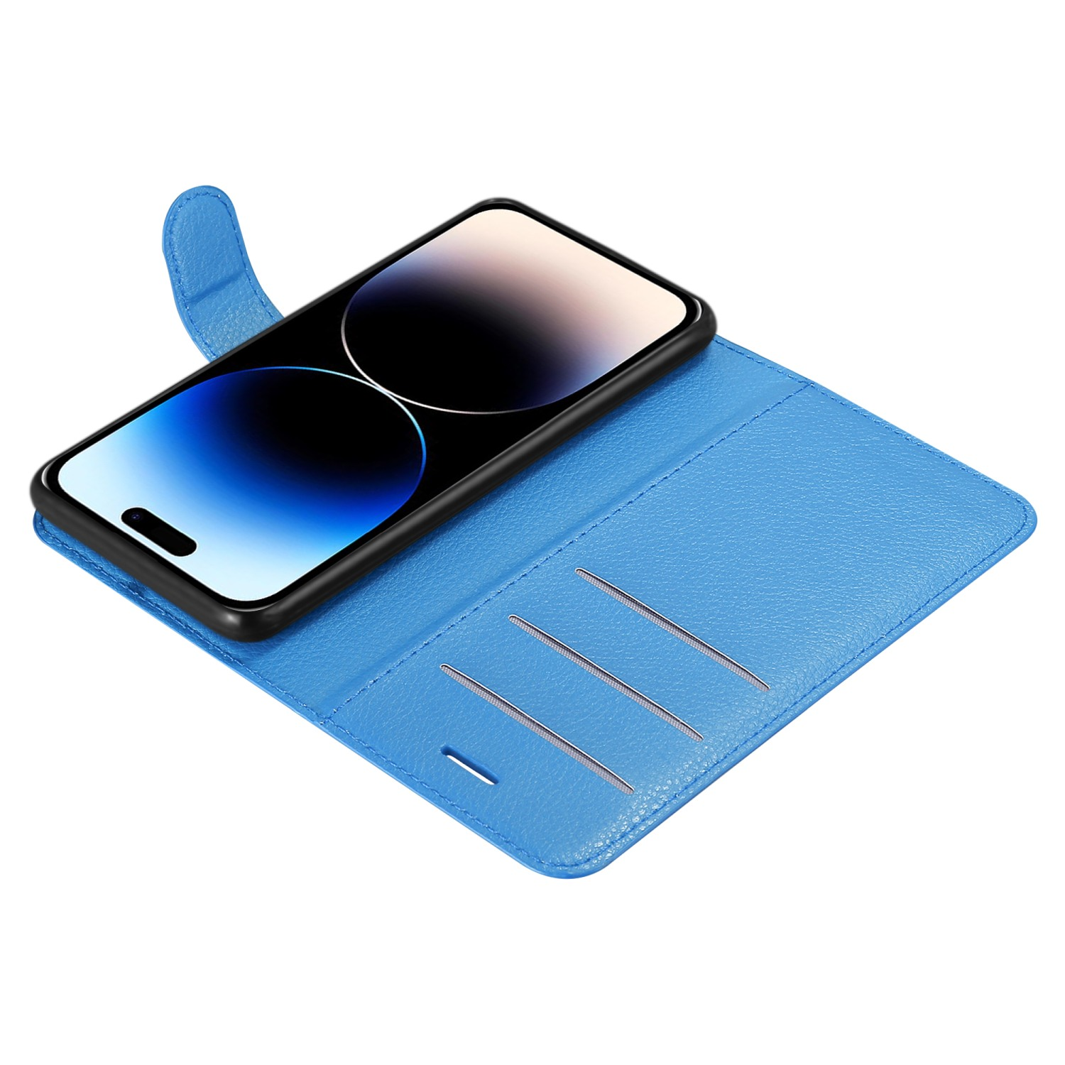 Eine blaue Handyhülle mit einem Telefon darin; offen, mit Kartenschlitzen.