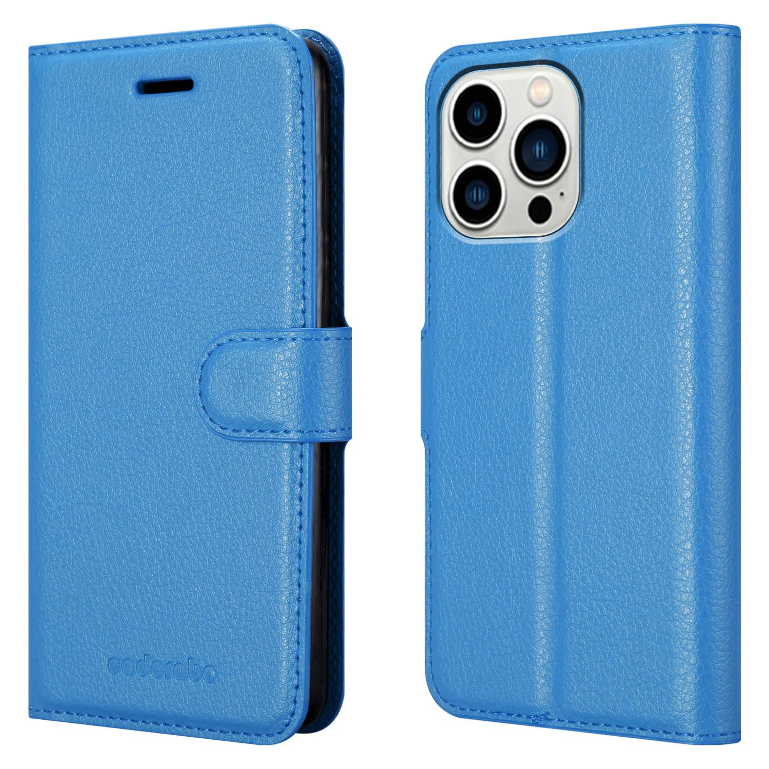 Blaue Leder-Handy-Geldbörsenhülle, offen und geschlossen, zeigt das Telefon. Die Marke 'caderabo' ist auf der Hülle sichtbar.