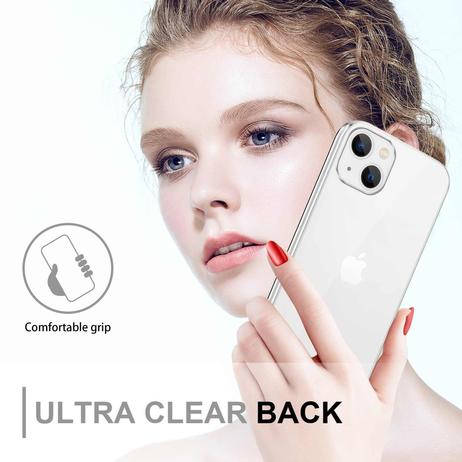 Frau hält eine klare Handyhülle. Die Hülle ist auf einem weißen iPhone. Text auf dem Bild: Ultra Clear Back.
