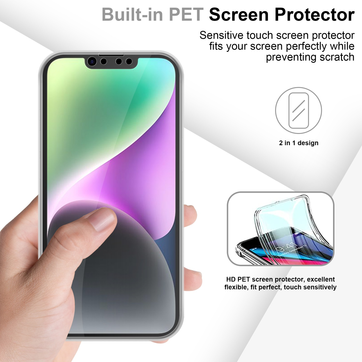 Hand hält Telefon mit Displayschutzfolie und ein Bild einer Displayschutzfolie.