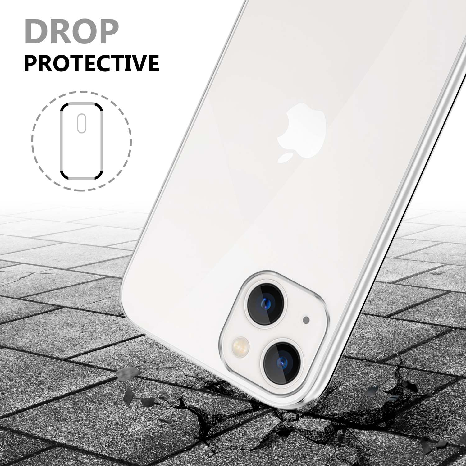 Eine transparente Handyhülle mit Telefon, auf grauem Untergrund mit Aufprallzeichen.