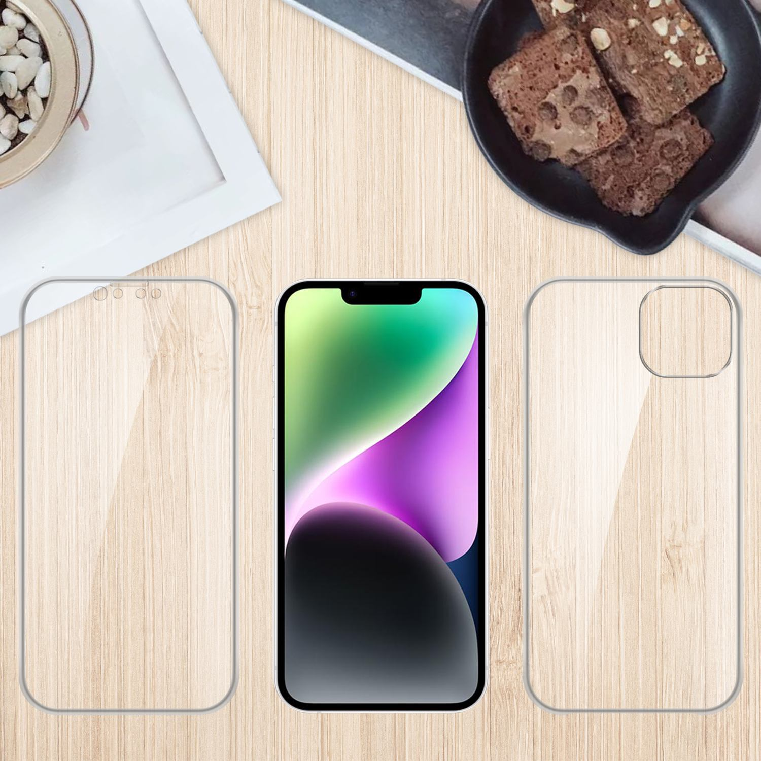 Displayschutzfolie und Handyhüllen auf einem Holztisch, mit einem Telefon in der Mitte.