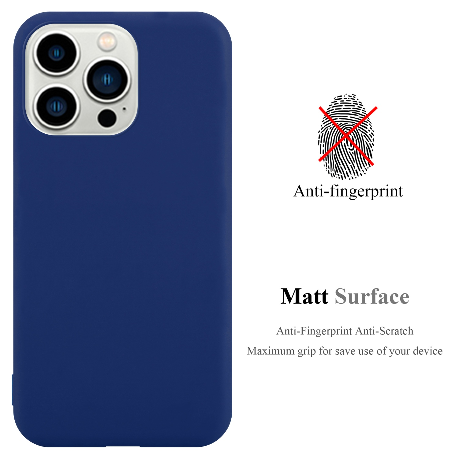 Blaue Handyhülle mit Anti-Fingerprint-Text, Fingerabdruck-Symbol und Beschreibung der matten Oberfläche.