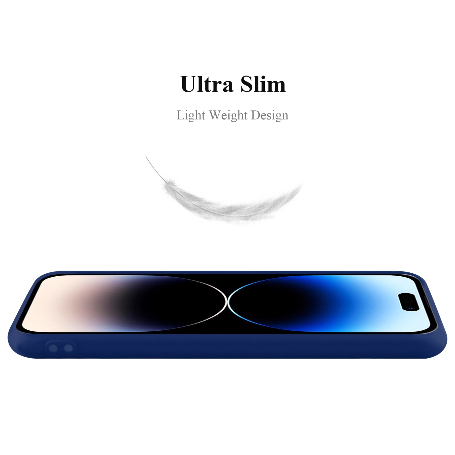 Eine marineblaue Handyhülle mit einem Telefon darin und einer Federgrafik, Text sagt "Ultra Slim".