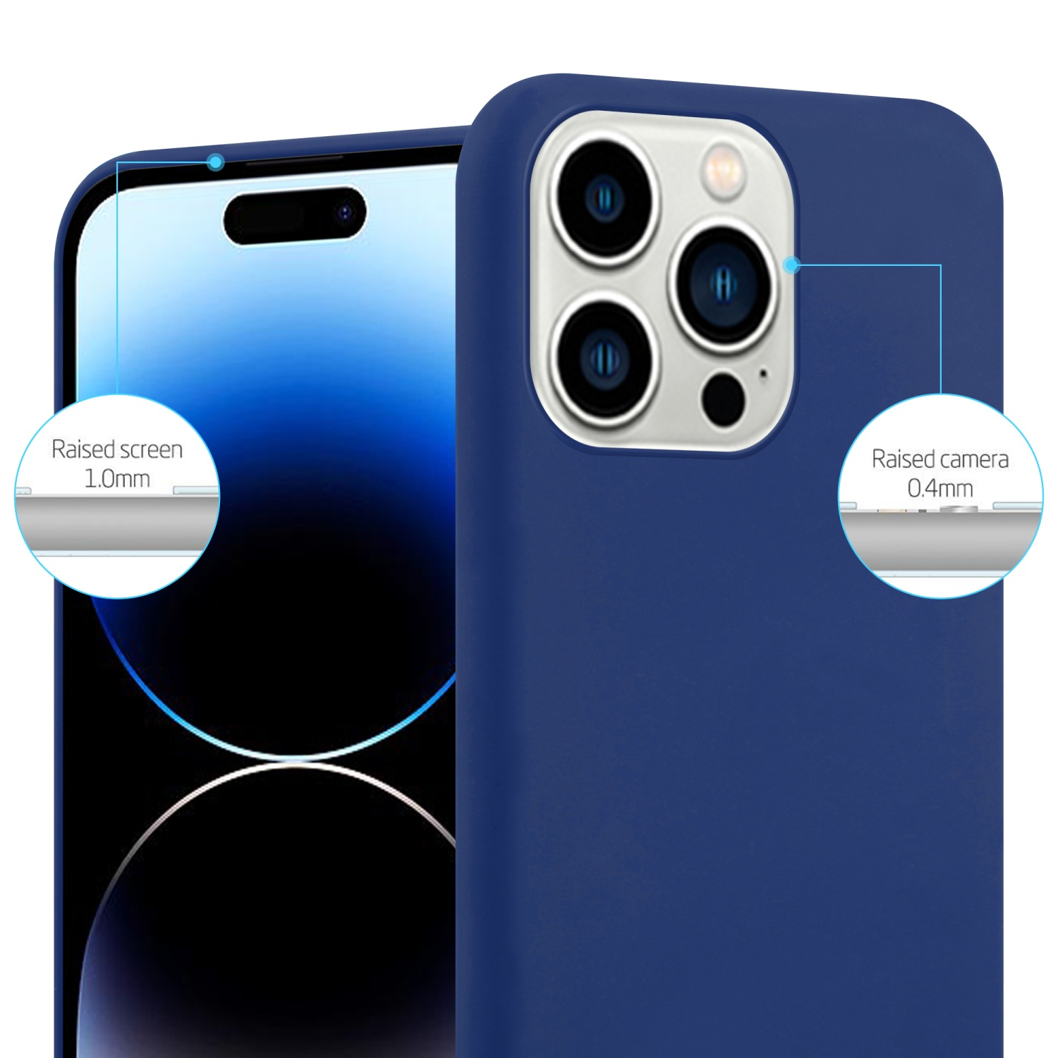 Blaue Handyhülle mit erhöhtem Bildschirm- und Kameraschutz. iPhone.