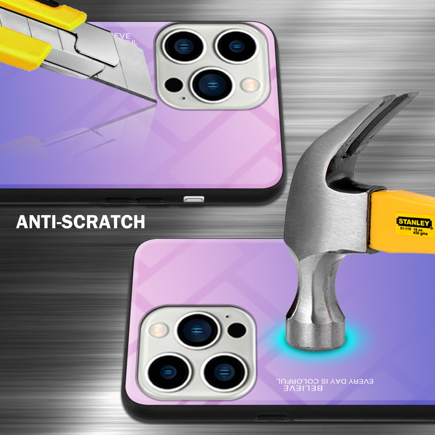 Handyhülle mit Glasrückseite. Ein Cutter schneidet die Hülle, ein Hammer schlägt darauf.