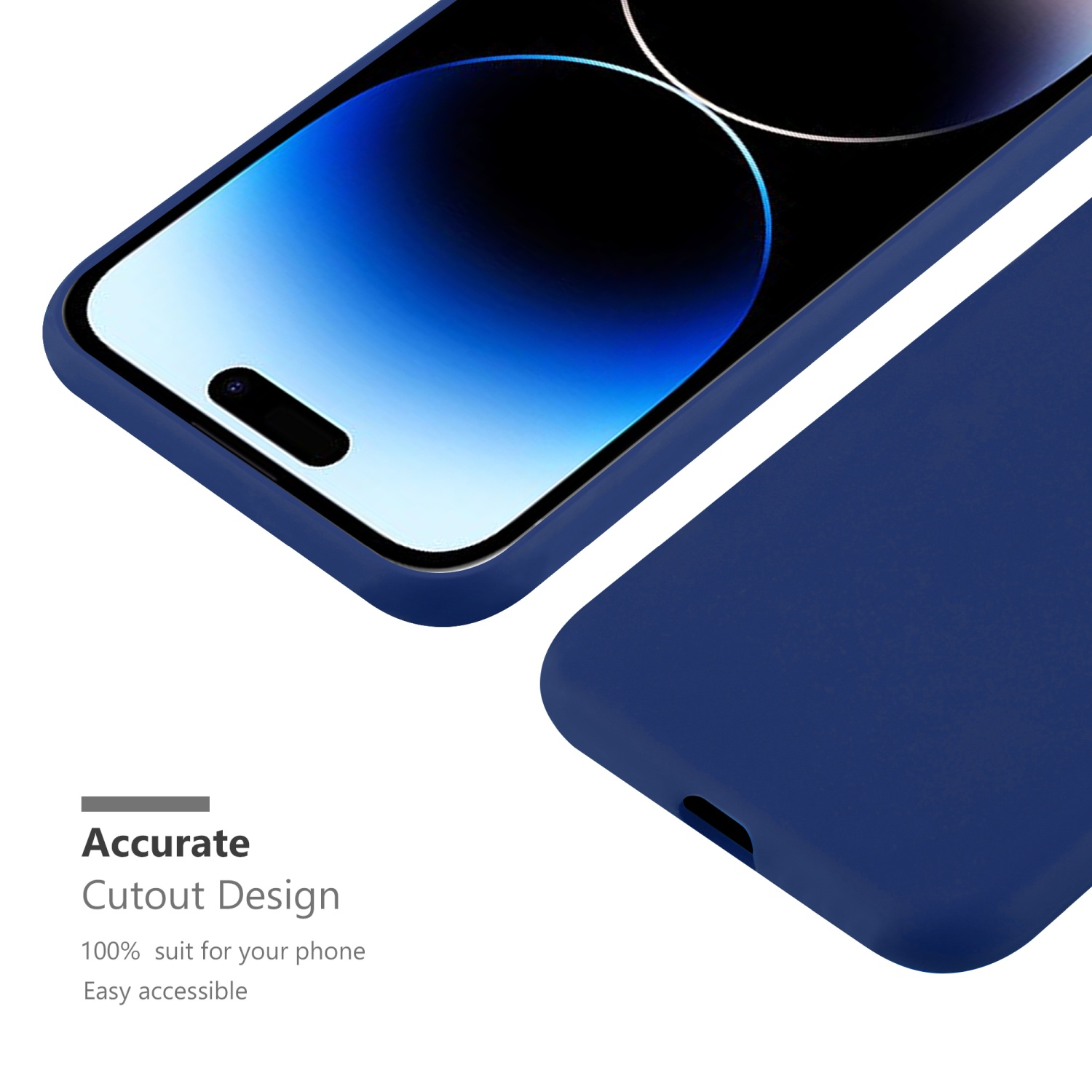 Blaue Handyhülle mit Aussparungsdesign. Das Telefon wird detailliert mit weißem Hintergrund gezeigt.