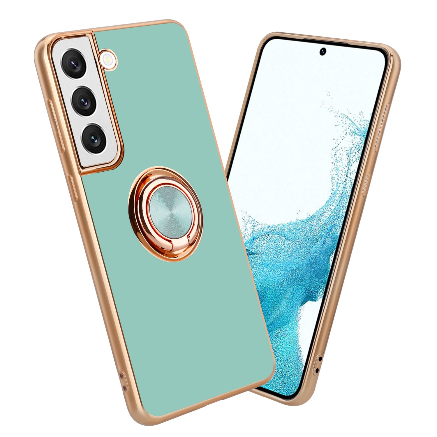Custodia menta con finiture dorate. Supporto ad anello dorato e telefono con sfondo onda blu.