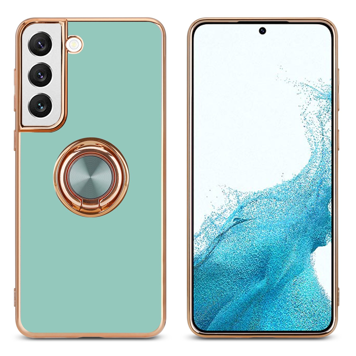 Una custodia per telefono color menta con un portaanello è accanto a un telefono con schermo su sfondo bianco.