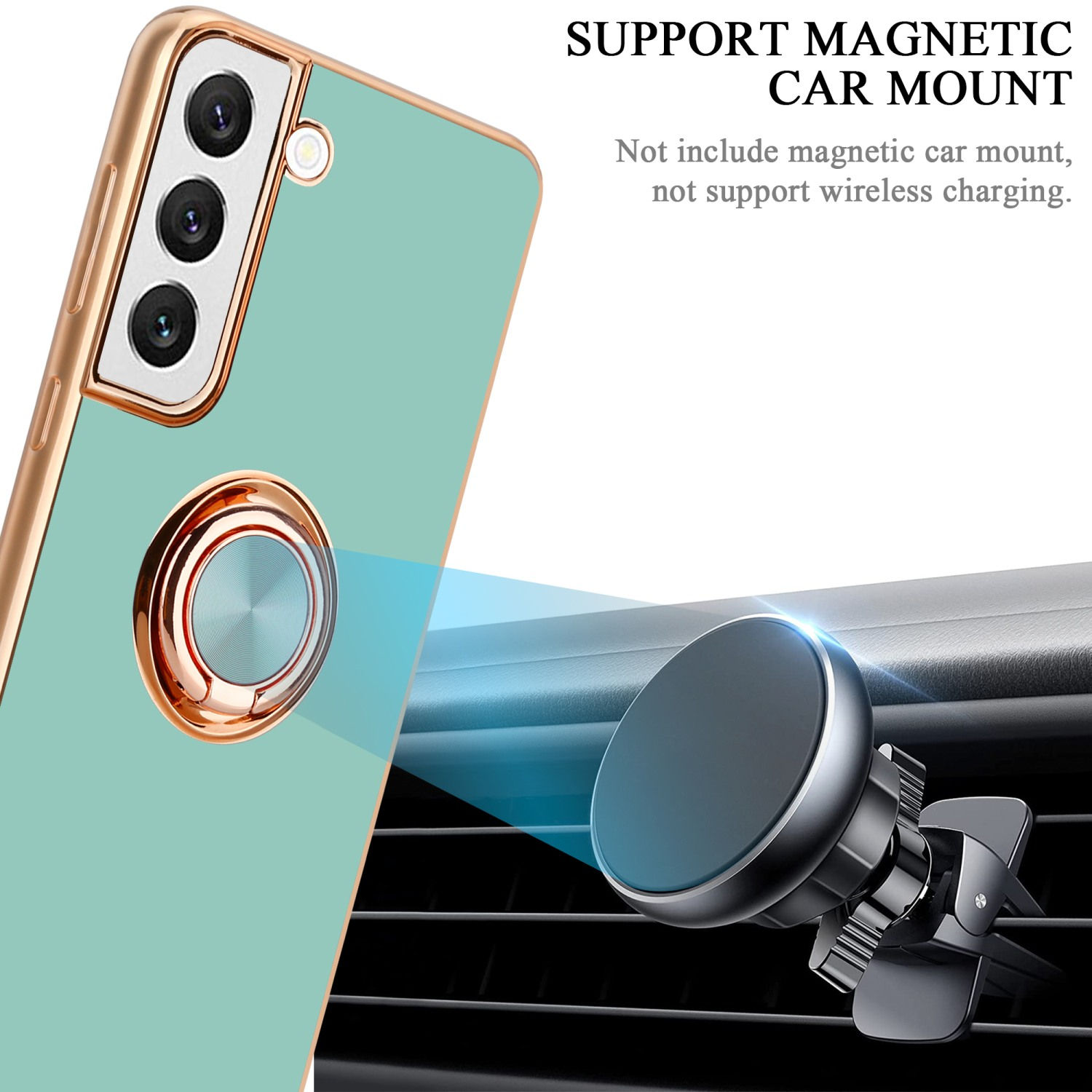 Una custodia per telefono con un supporto ad anello e un supporto per auto. Il testo dice 'Support Magnetic Car Mount'.
