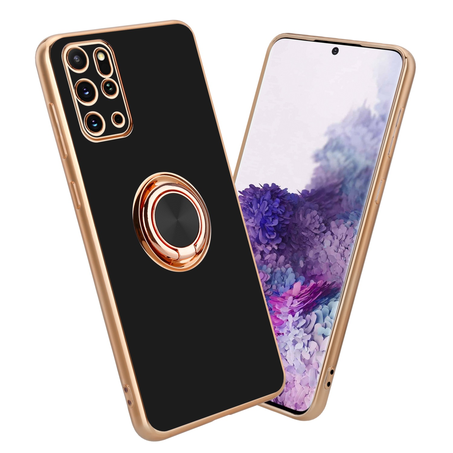Custodia nera per telefono con cornice dorata e anello di supporto. Viene mostrato anche un telefono con schermo.