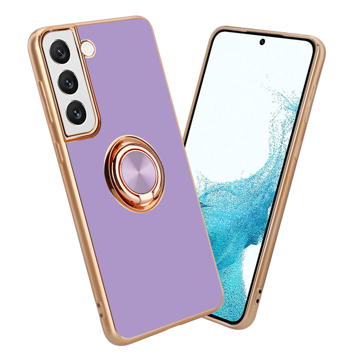 Una custodia per telefono lavanda con cornice dorata, supporto ad anello e telefono con schermo luminoso.