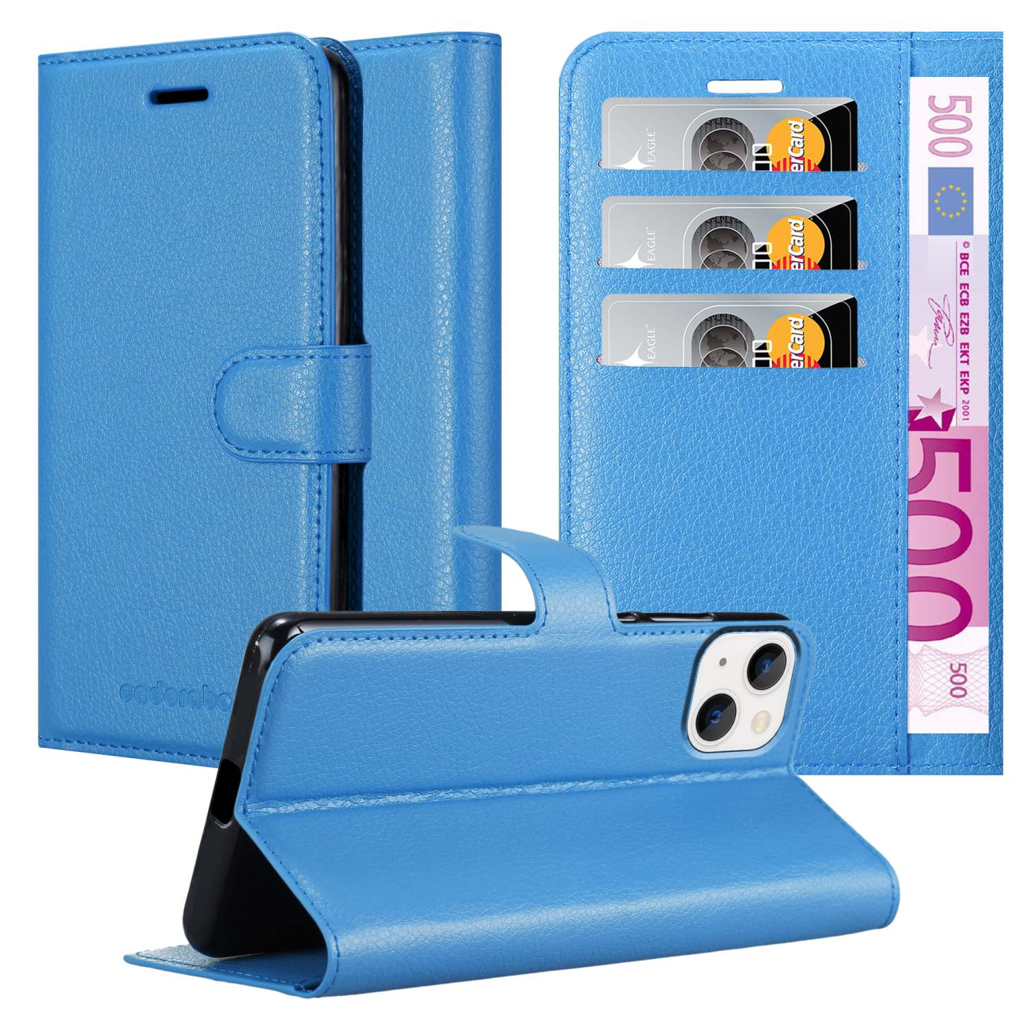 Blaue Handy-Geldbörsenhülle mit Kartenfächern, Verschluss und Geldschein.