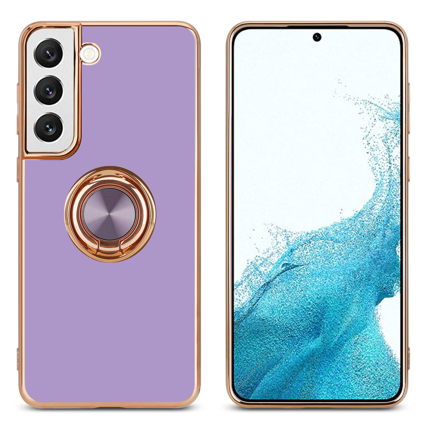 Una custodia per telefono con retro viola e cornice dorata, con un porta anello. Il telefono è in mostra.