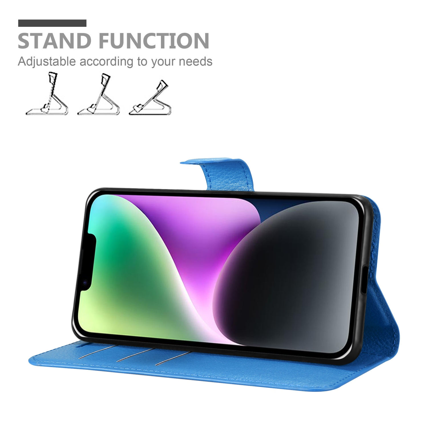 Eine blaue Handyhülle mit einem Telefon darin, mit Standfußsymbolen.