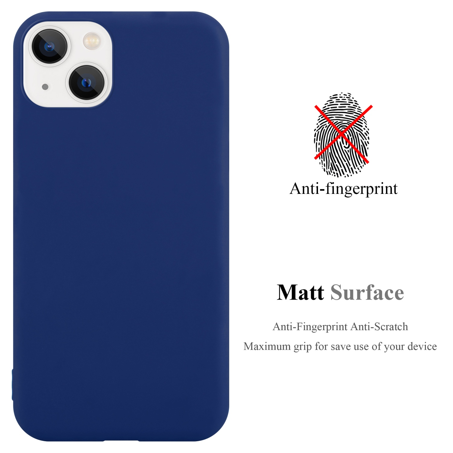 Dunkelblaue Handyhülle. Anti-Fingerprint und Anti-Kratzer. Matte Oberfläche. Text beschreibt Merkmale.