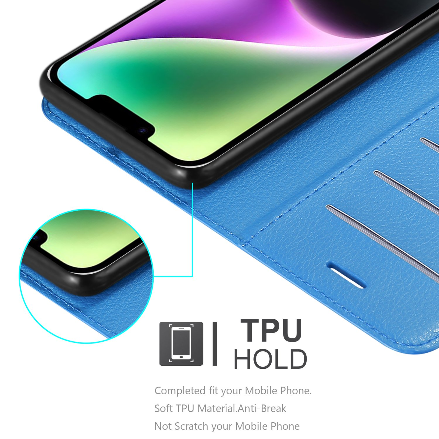 Eine blaue Handyhülle mit einem Telefon darin, Text sagt TPU HOLD. Die Hülle ist offen und hat Kartenfächer.