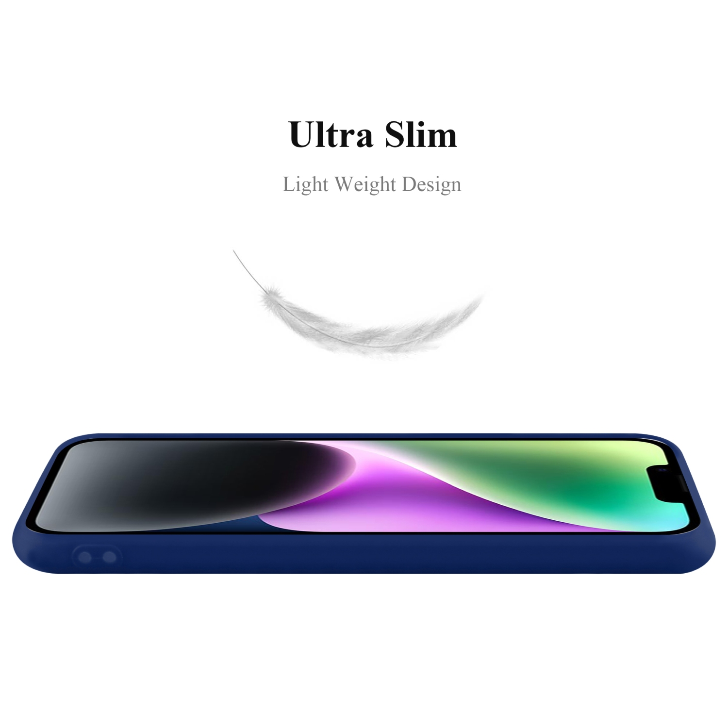Ein Telefon in einem dunkelblauen Gehäuse mit einem Bildschirm, der einen farbenfrohen Hintergrund zeigt, Feder oben.
