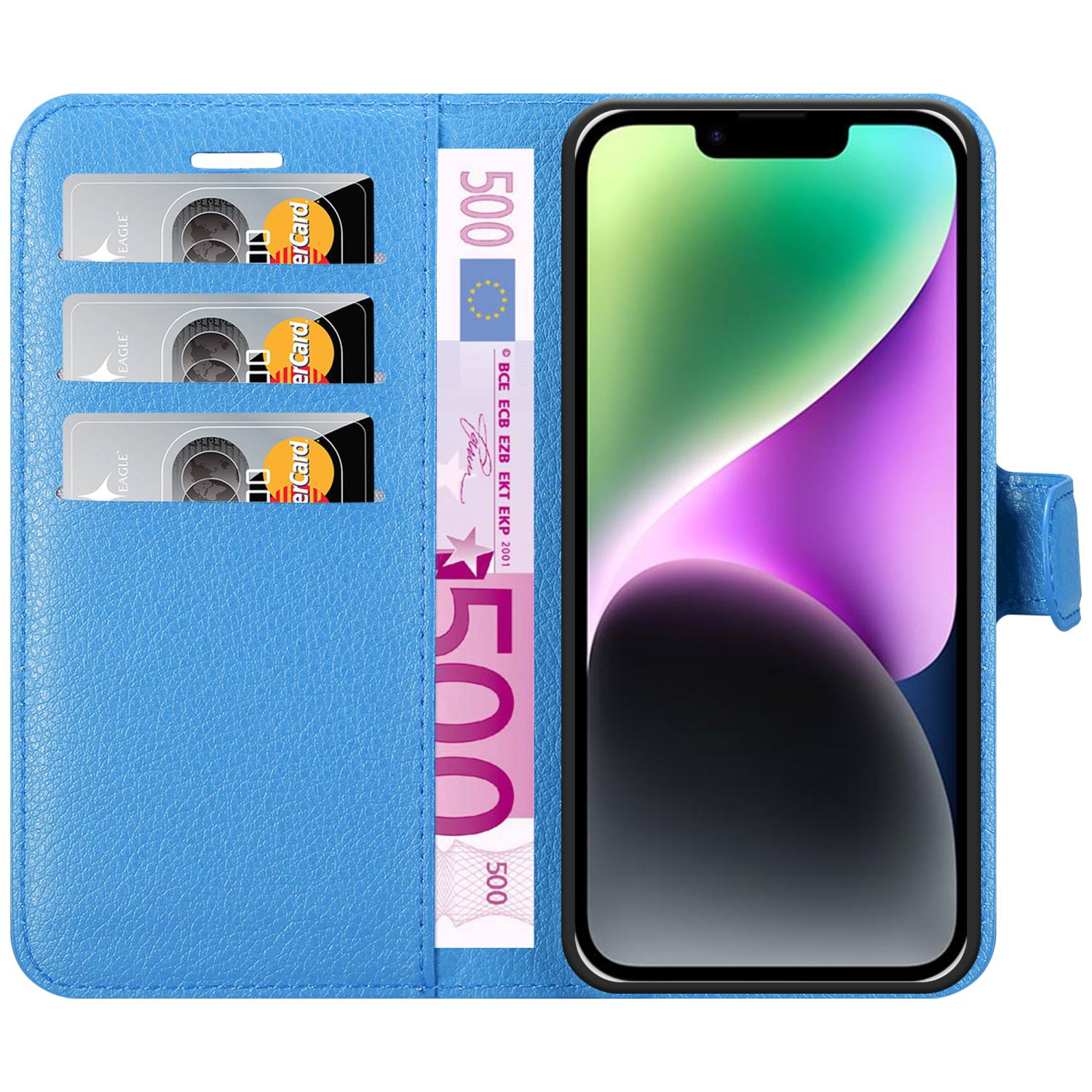 Blaue Handyhülle mit Karten und Geld. Das Telefon zeigt eine App.