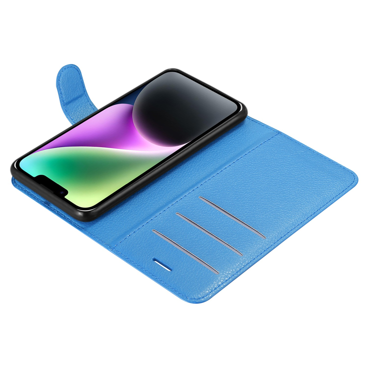 Blaue Handyhülle mit einem Telefon darin. Der Bildschirm des Telefons ist schwarz. Die Hülle ist offen.