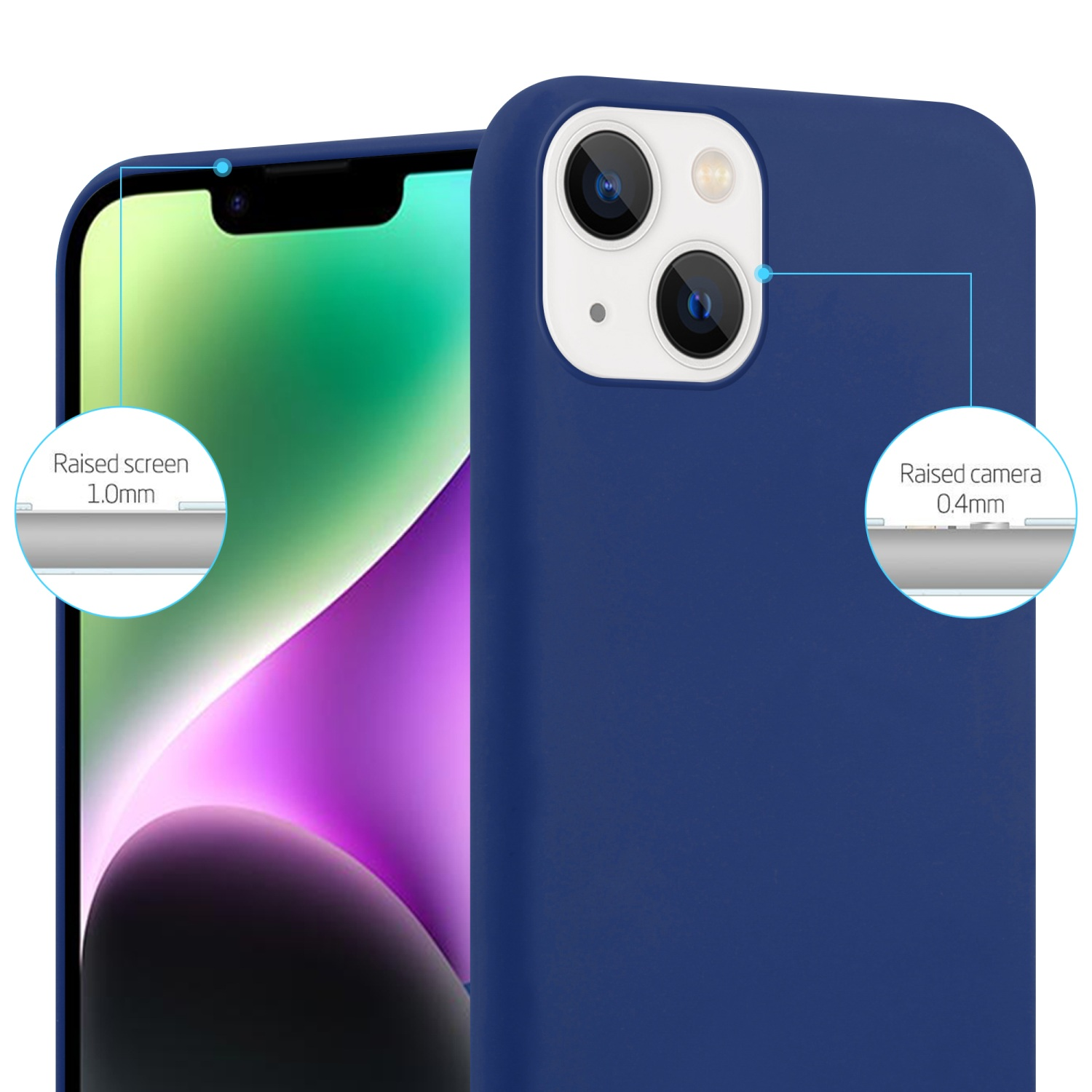 Marineblaue Handyhülle mit Telefon, mit Text, der erhöhten Bildschirm und Kamera hervorhebt.