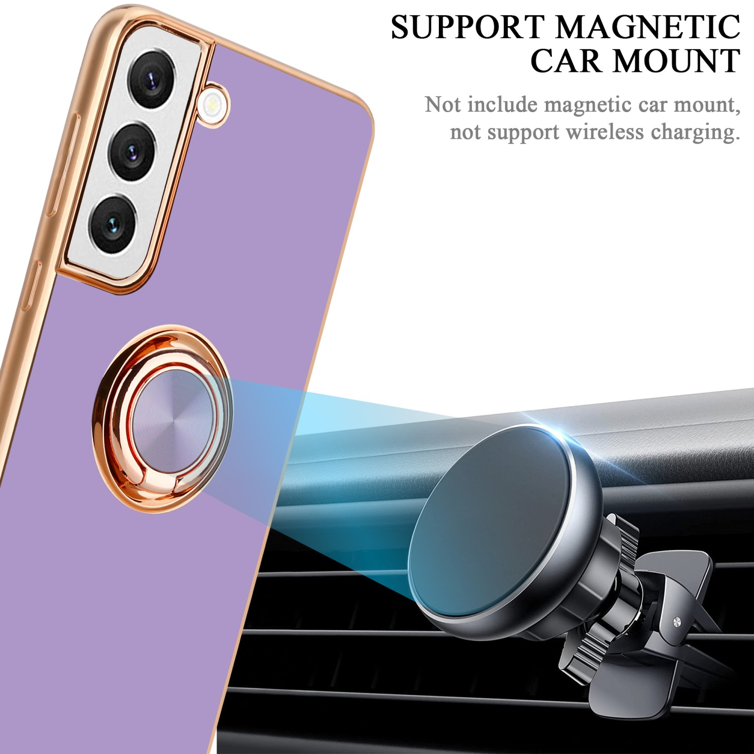Una custodia per telefono con un supporto ad anello. Il telefono è viola con un bordo dorato. Un supporto per auto sullo sfondo.