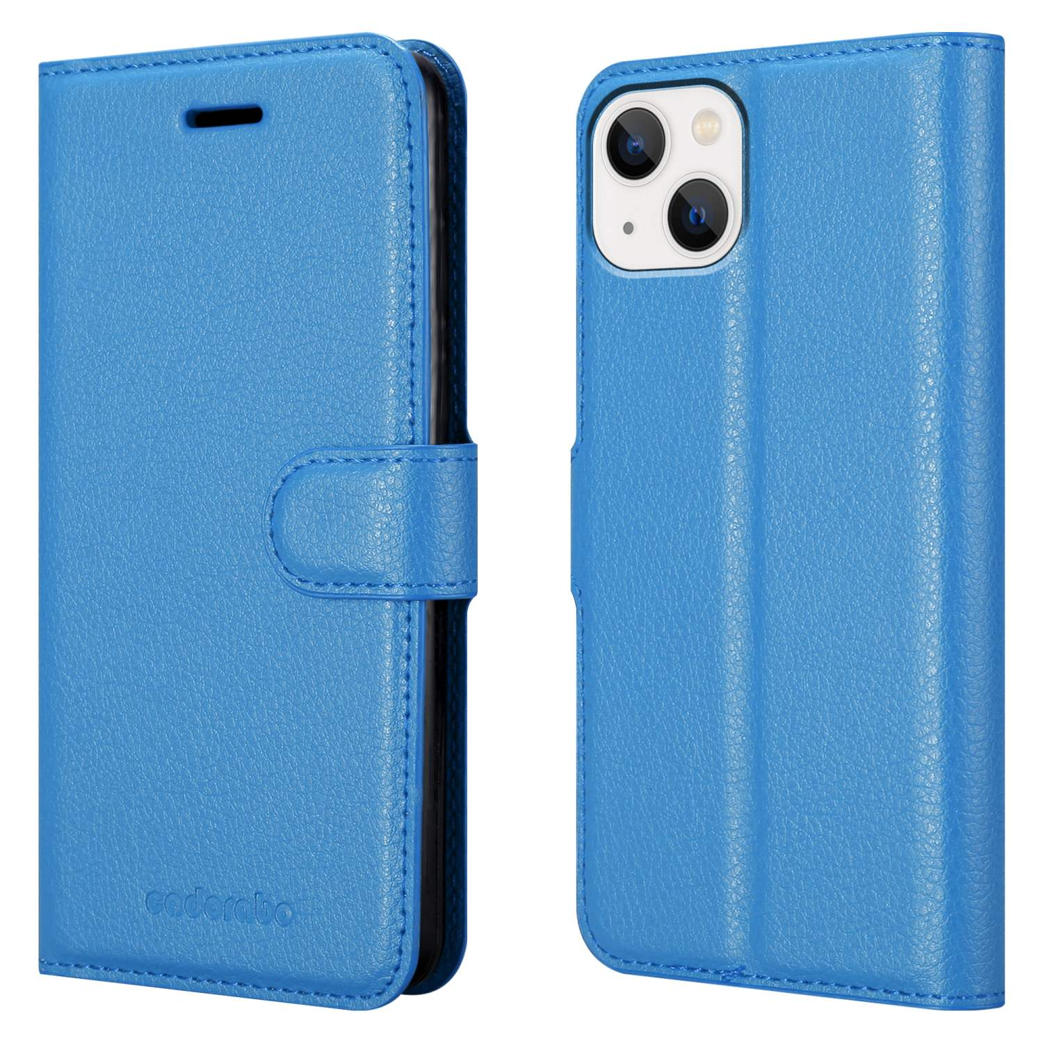 Blaue Handyhülle, offen, mit Vorder- und Rückansicht. Mit Kartenfächern und Magnetverschluss.