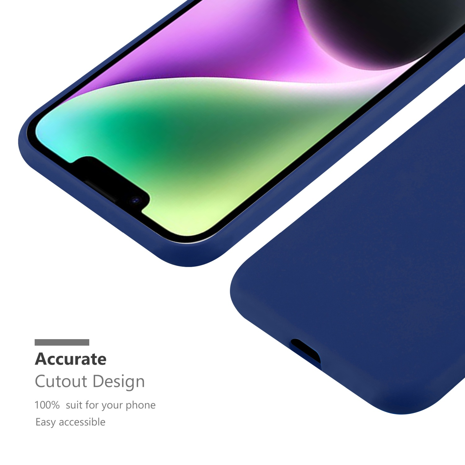 Telefon in blauer Hülle. Text: Präzise, Ausschnitt-Design. 100% passend für Ihr Telefon. Einfach zugänglich.