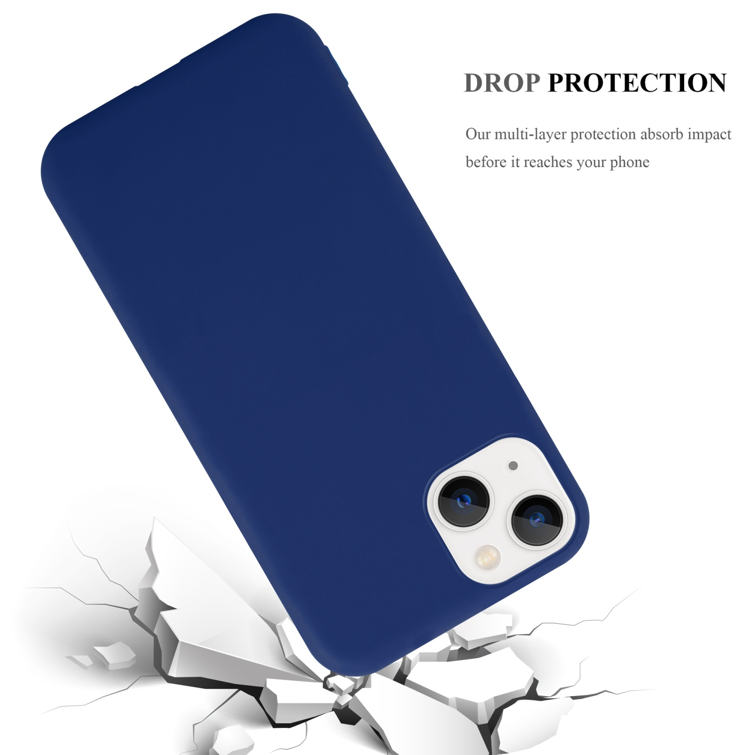 Blaue Handyhülle mit Sturzschutz-Text und einem Telefon. Weiße Bodensprünge unter dem Telefon.