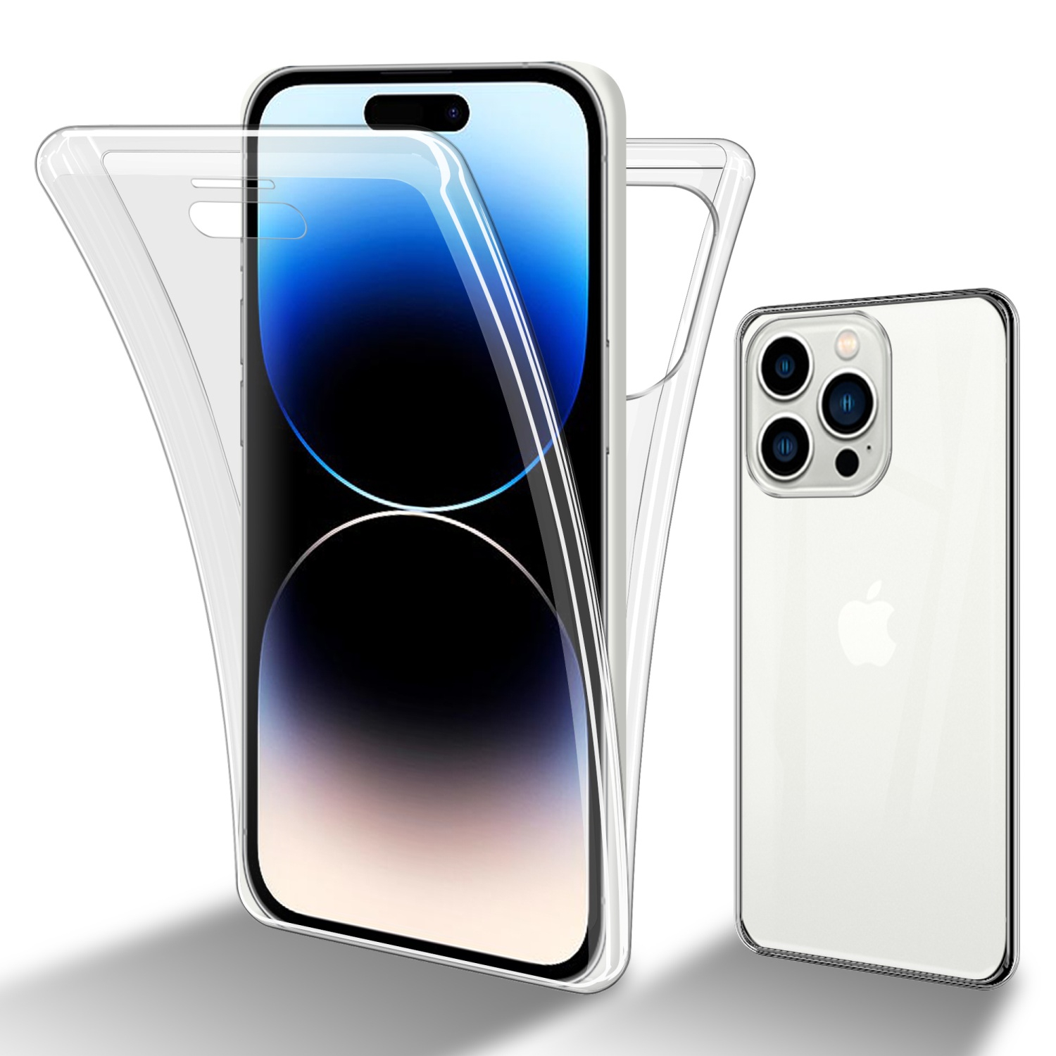 Due telefoni con custodie trasparenti. Uno è bianco. L'altro è in una custodia trasparente. Le custodie sono aperte.