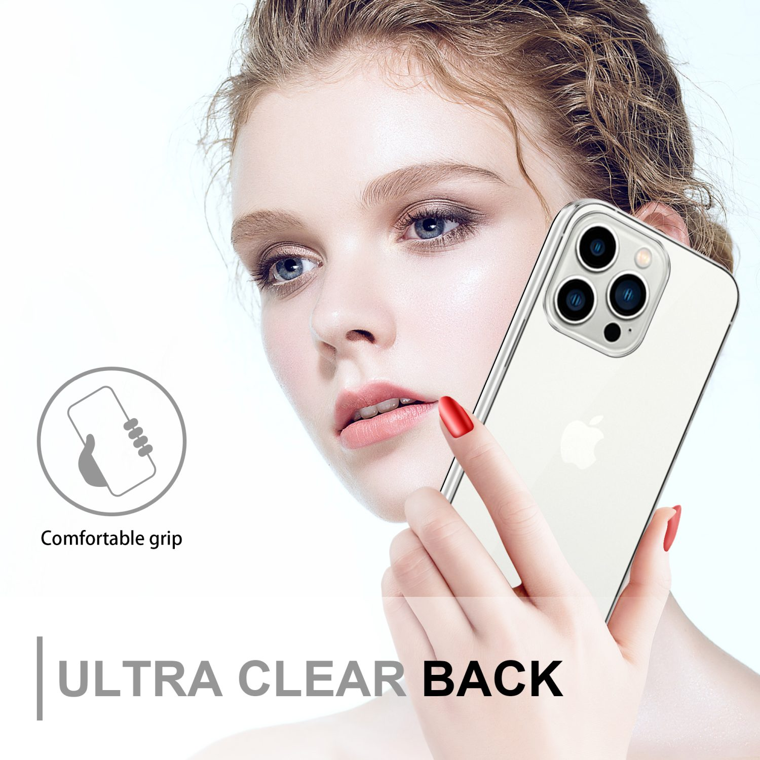 Donna che tiene in mano un telefono con custodia trasparente. Testo: Ultra Clear Back.