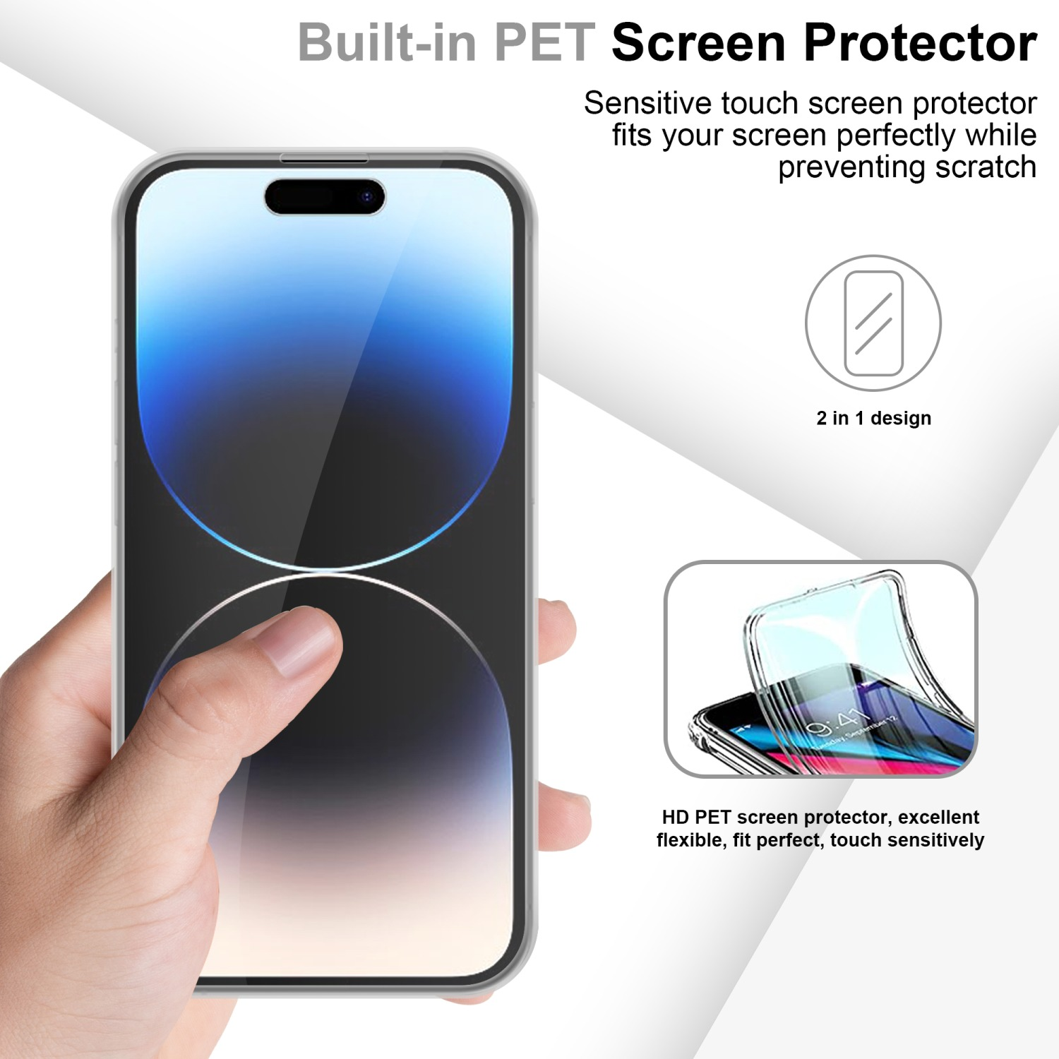Mano che tiene un telefono con protezione schermo applicata.