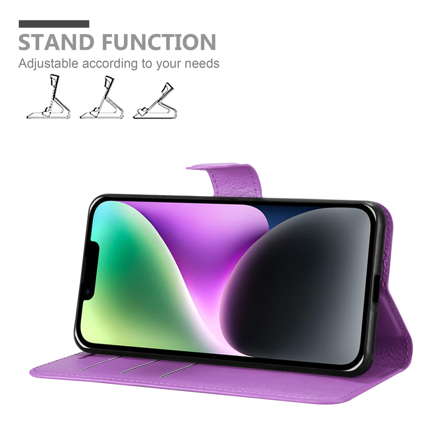 Lila Handyhülle mit Telefon und Standfunktion-Info. Standfunktionsdiagramme werden angezeigt.