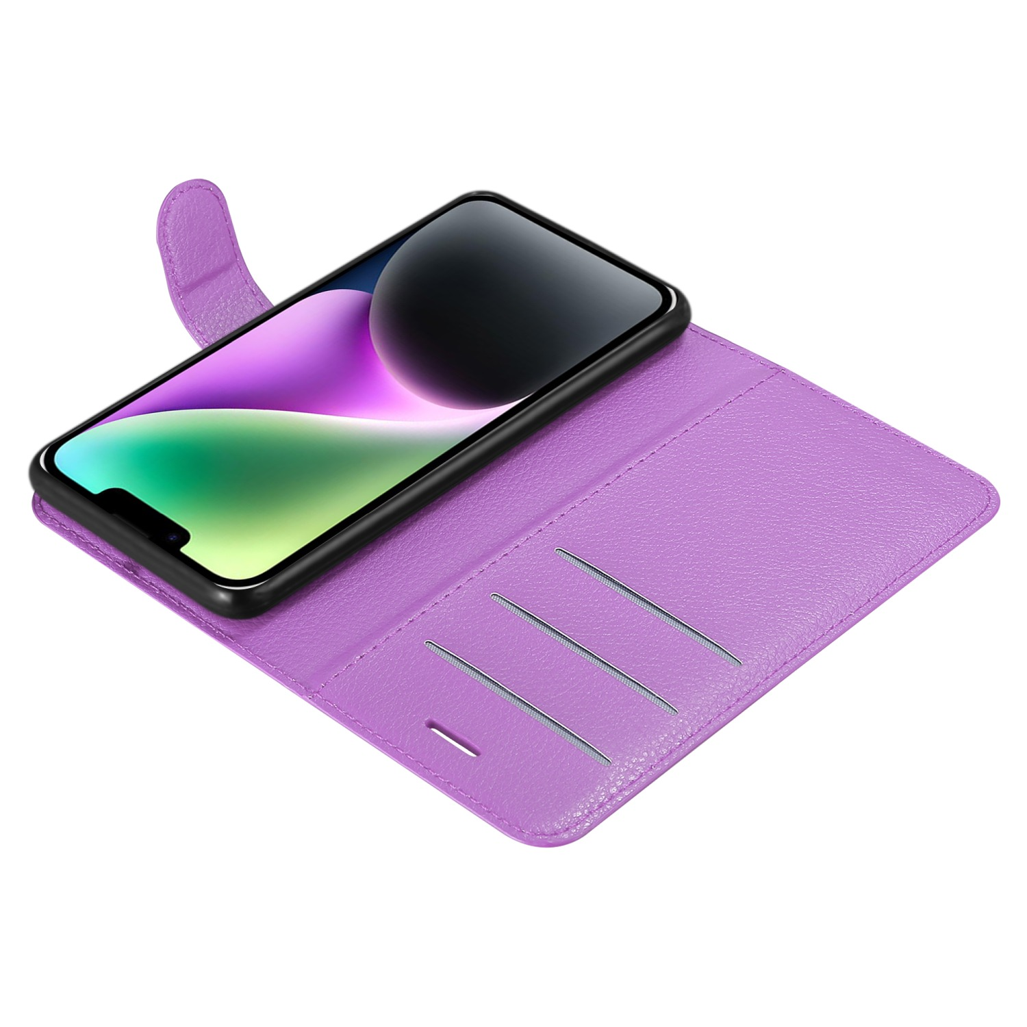 Eine lila Handyhülle, geöffnet, die ein schwarzes Smartphone mit Apps auf dem Bildschirm hält.