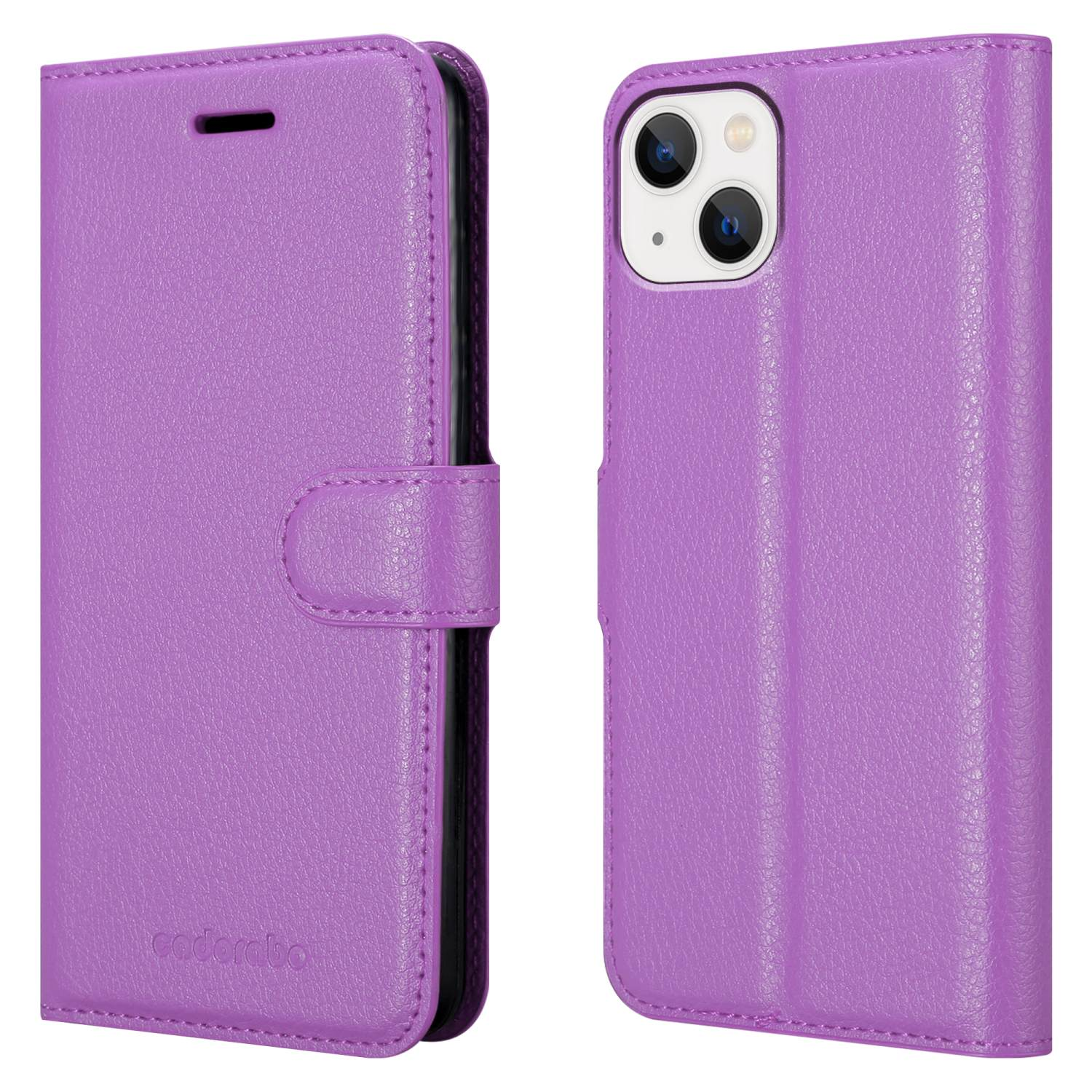 Lila Handyhülle im Brieftaschenstil, das Telefon befindet sich auf der rechten Seite. Die Hülle hat einen Knopf.