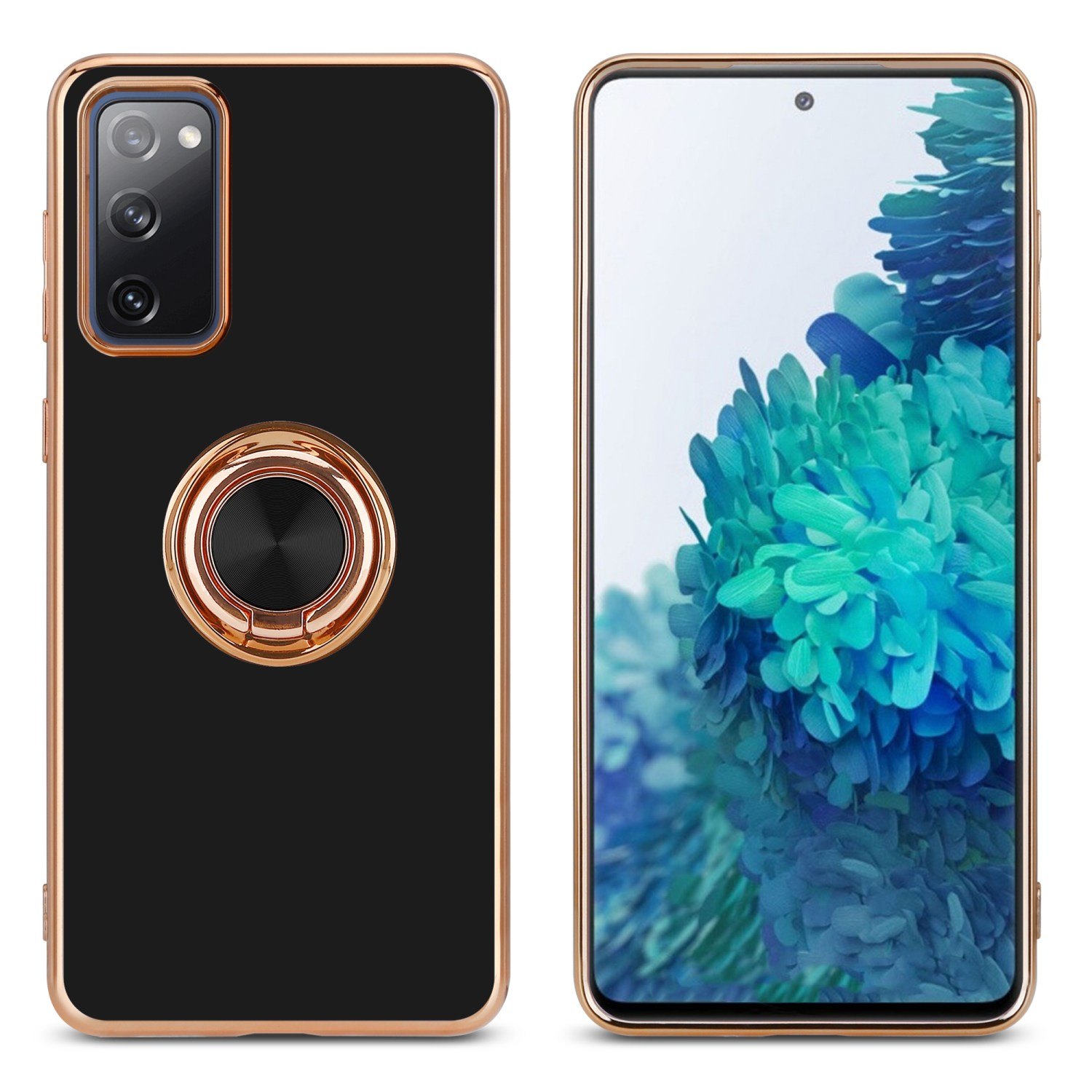 Zwei Telefone, eines mit Ringhalter und das andere mit blauem Blumenausschnitt.