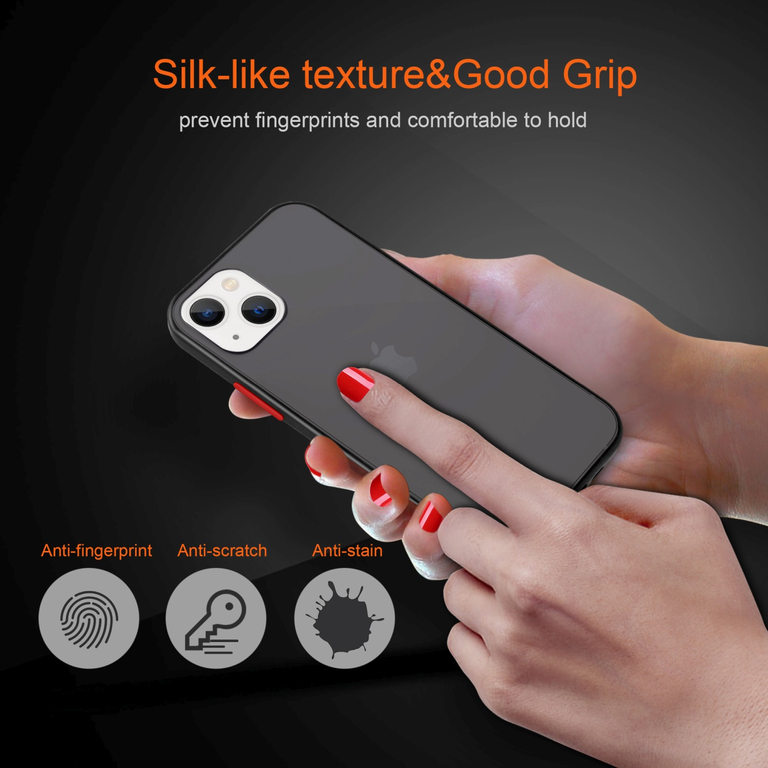Hände halten ein schwarzes Telefon in einer Hülle. Roter Nagellack, Anti-Fingerabdruck-, Anti-Kratz- und Anti-Flecken-Symbole.