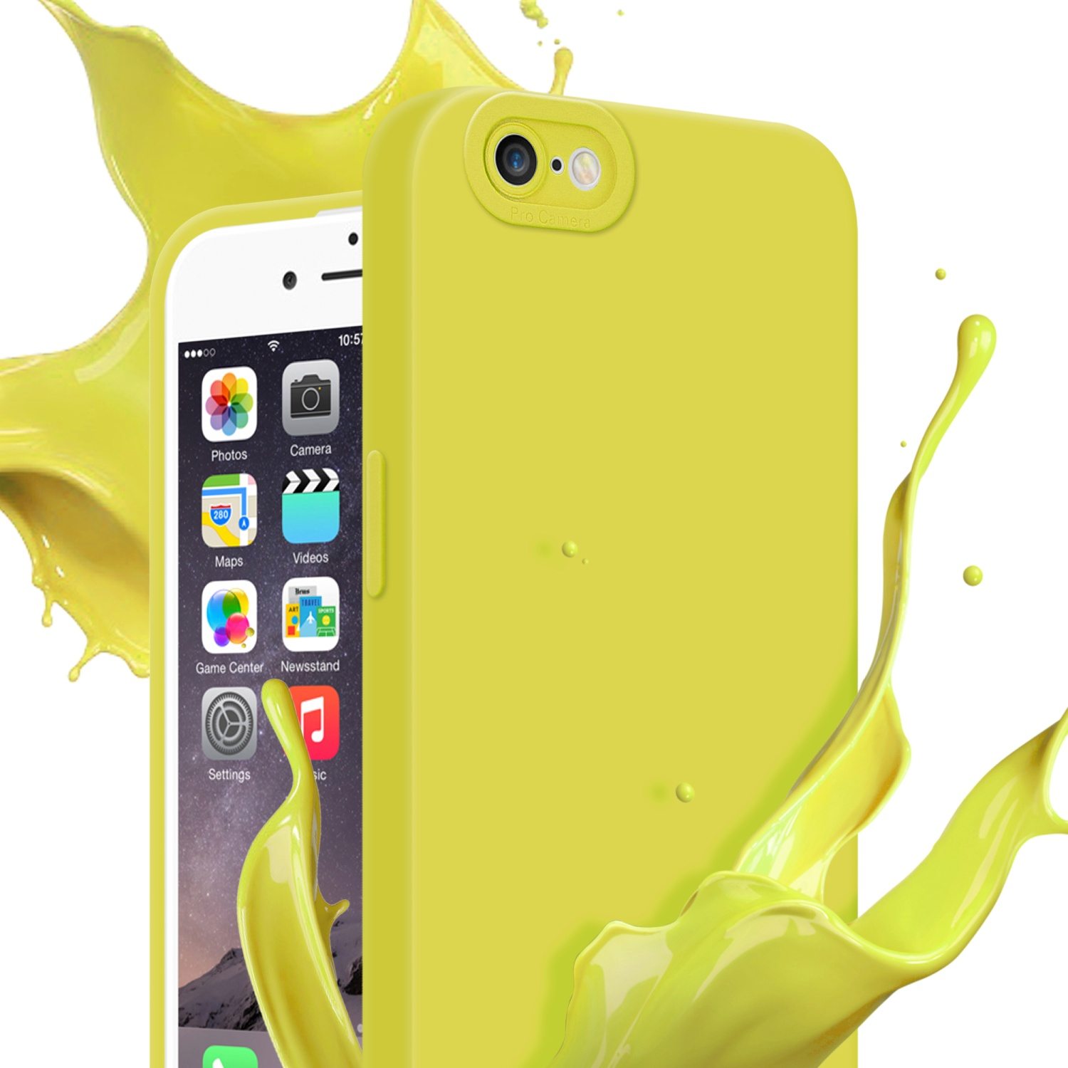 Custodia per telefono gialla con schizzo di liquido. Il telefono mostra le icone delle app sullo schermo. Sfondo bianco.