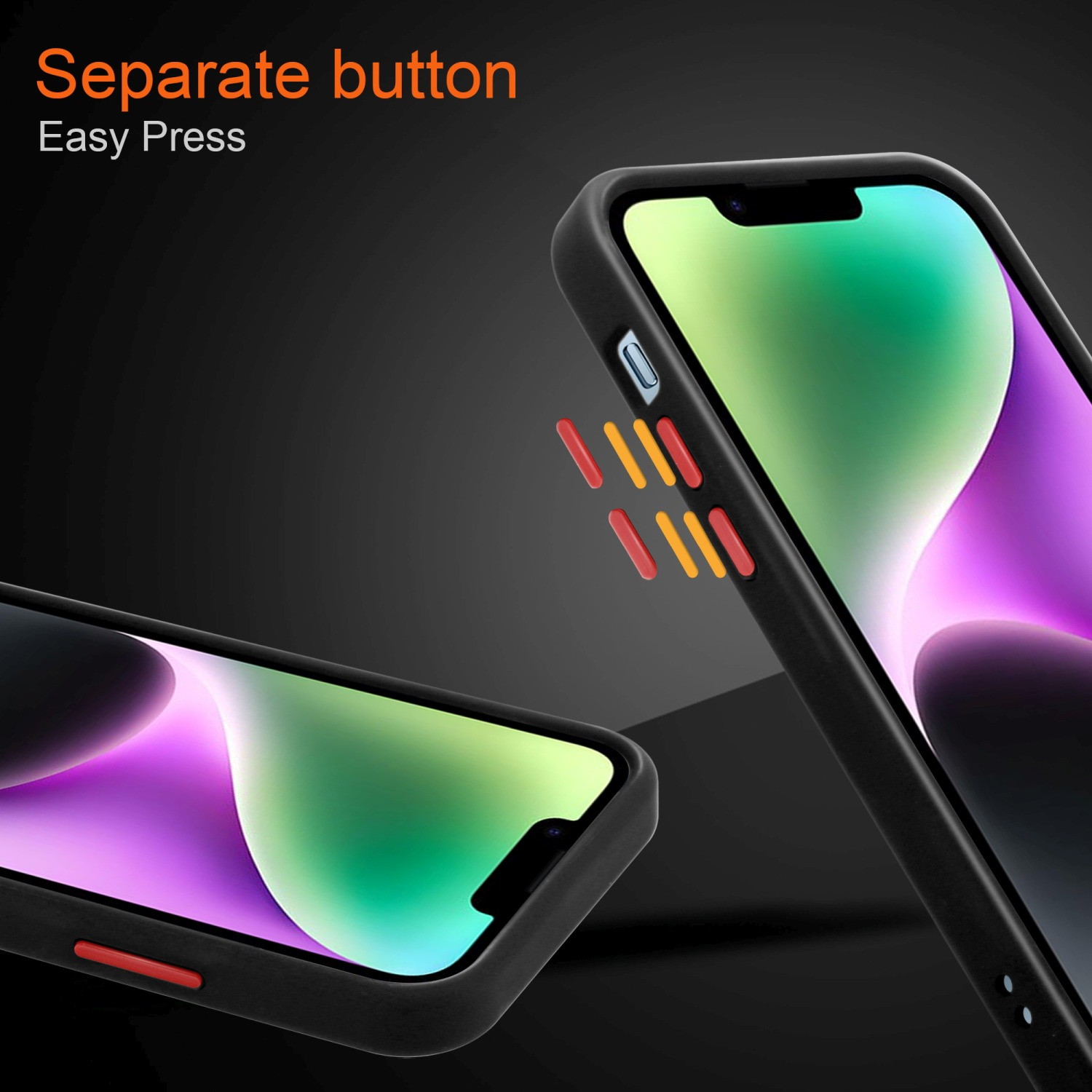 Schwarze Handyhülle mit roter Taste. Die Hülle umschließt ein Telefon mit farbenfrohem Bildschirm.