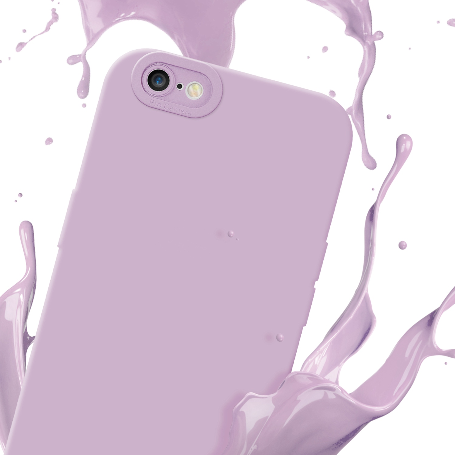 Una custodia per telefono lilla chiaro con uno spruzzo di liquido viola su sfondo bianco.