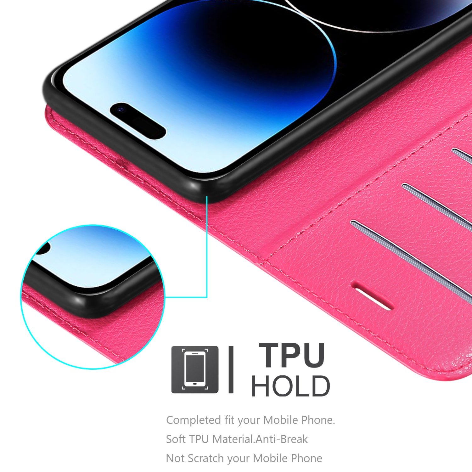 Eine rosa Handyhülle mit einem Telefon darin. Text: TPU HOLD. Passt perfekt für das Telefon.