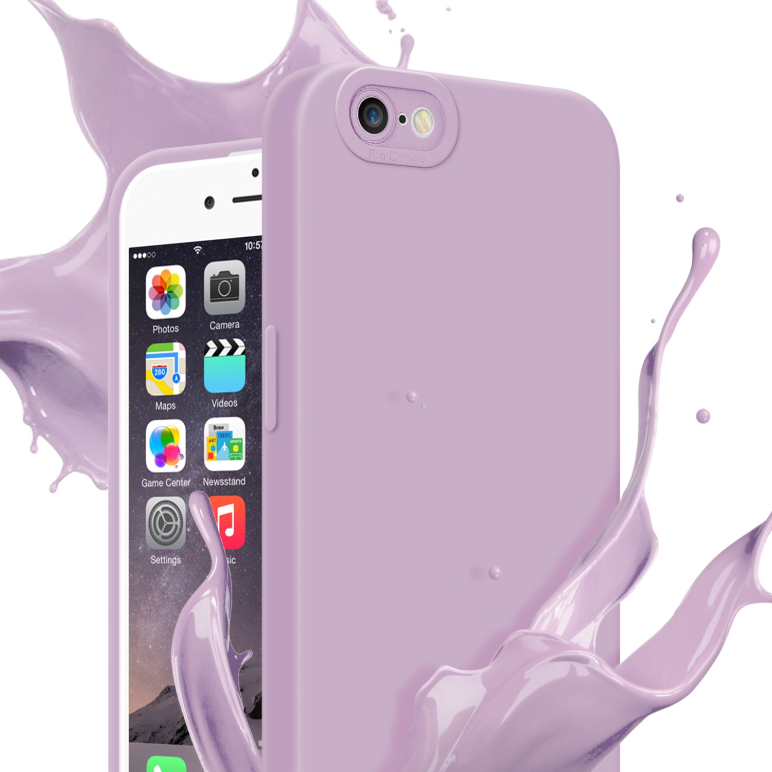 Un telefono e una custodia lilla con schizzi di liquido. Lo schermo mostra le icone delle app.