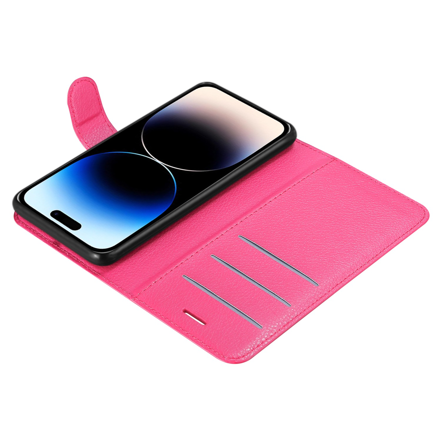 Pinkfarbene Handyhülle mit Telefon darin. Das Telefon ist schwarz und die Hülle hat Kartenfächer. Der Hintergrund ist weiß.
